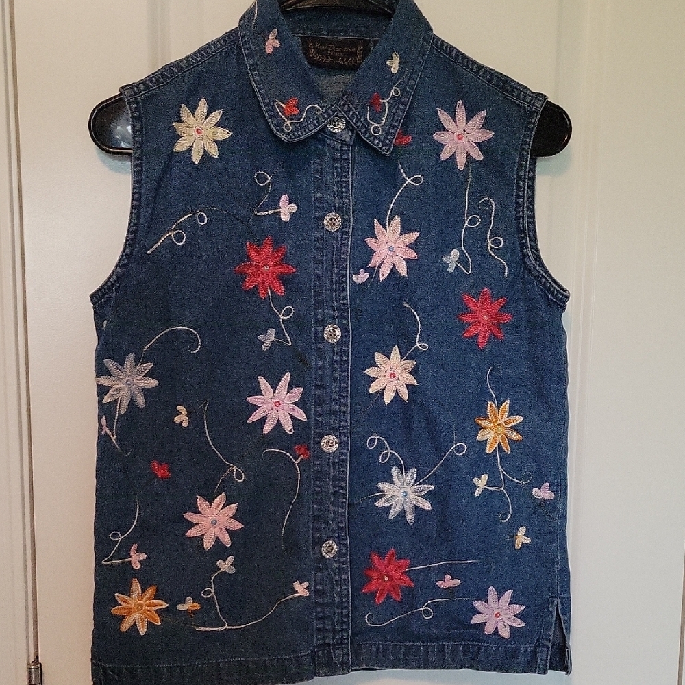 New Directions Floral Embroidered Denim Vest
